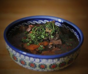 Close-up of soup in bowl on table