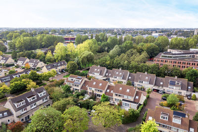 High angle view of buildings in town