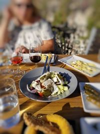 Close-up of food served on table