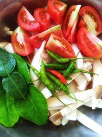 Close-up of chopped fruits and vegetables on table