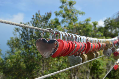 Close-up of love locks hanging on steel rope against tree background.