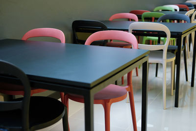 Empty chairs and tables in cafe