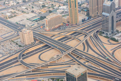 High angle view of modern buildings in city