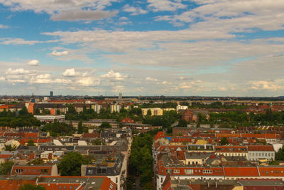 High angle shot of townscape against sky