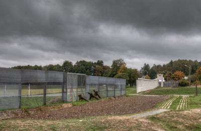 View of field against cloudy sky