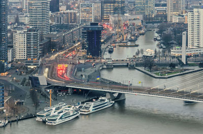 Rotterdam river, and bridge during evening rush hour