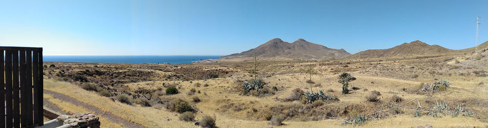 Panoramic view of landscape and sea against clear blue sky