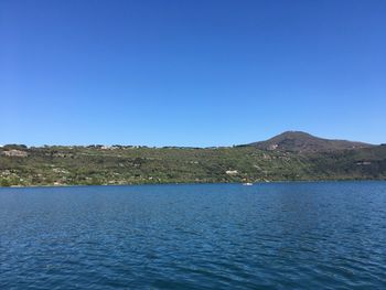 Scenic view of lake against clear blue sky