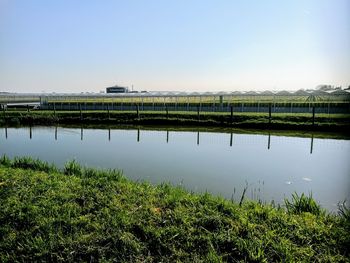 Scenic view of lake against clear sky