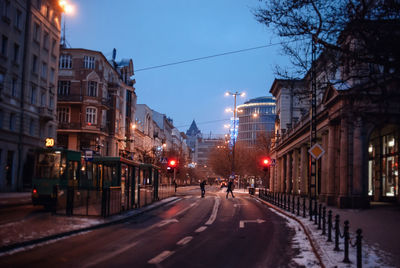 People walking on illuminated city street at dusk