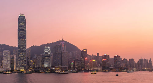 Hong kong cityscape at sunset, long exposure photography for boat movement
