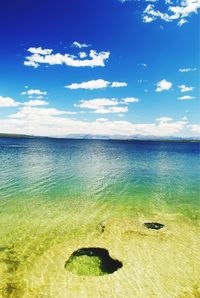 Scenic view of sea against blue sky