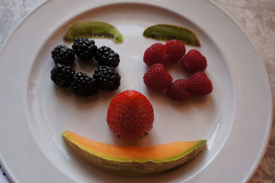 Directly above shot of anthropomorphic face made from fruits