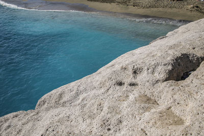 High angle view of beach against blue sky