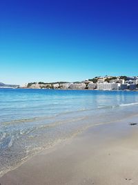 Scenic view of beach against clear blue sky