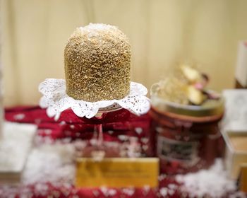 Close-up of cake on table celebrating christmas with italian panettone 