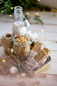 Close-up of drink in glass jar on table