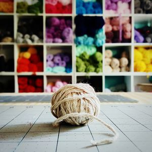 Close-up of wool ball on table