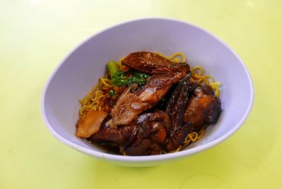 Close-up of meat served in bowl on table