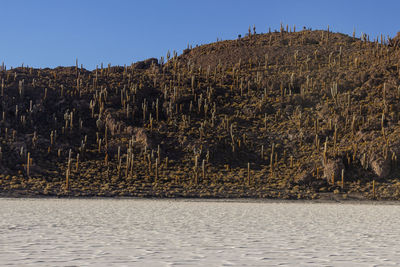 Scenic view of rocks against clear sky