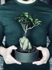 Midsection of man holding potted plant