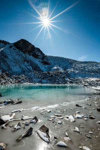 Scenic view of lake and snowcapped mountains against blue sky