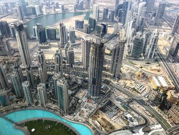 High angle view of modern buildings in city