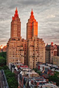 High angle view of buildings in city against sky