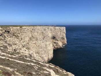 Rock formations by sea against clear blue sky