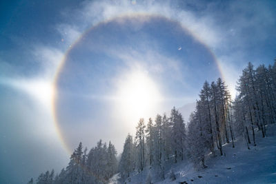 Sun halo / sundogs optical phenomenon in winter wonderland, zauchensee ski resort, salzburg, austria