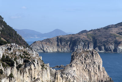 Scenic view of sea and mountains against sky