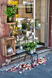 An ordinary milanese street view with a flower shop decorated the street with colorful flower leaves