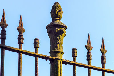 Low angle view of bell tower against clear sky