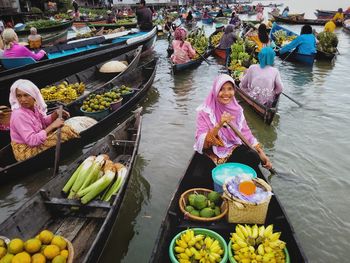 High angle view of colorful floating on water