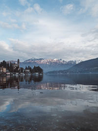 Scenic view of lake against sky during winter