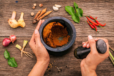 High angle view of person grinding spices