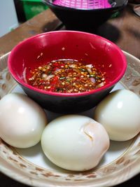 High angle view of soup in bowl on table