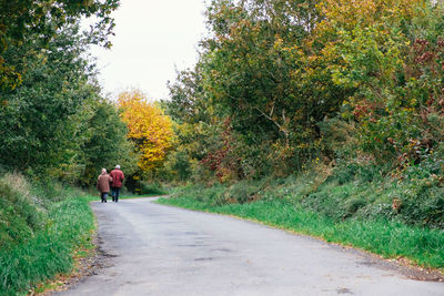 Rear view of couple walking on footpath amidst trees