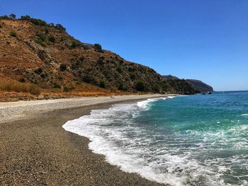 Scenic view of sea against clear blue sky