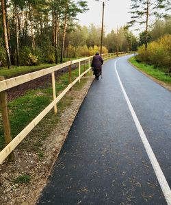 Rear view of man walking on road