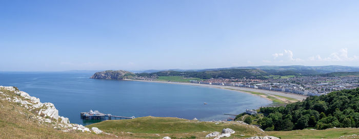 High angle view of sea and cityscape against sky