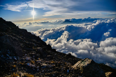 Scenic view of mountains against sky during sunset