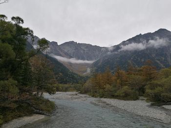 Scenic view of river amidst mountains against sky