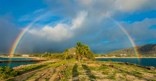 Scenic view of rainbow over river against sky