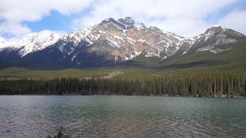 Scenic view of snow covered mountains