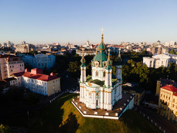 High angle view of buildings in city