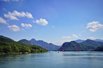 Scenic view of bay against sky