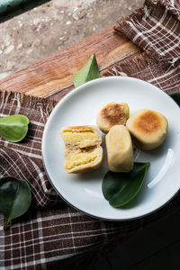 High angle view of breakfast served on table