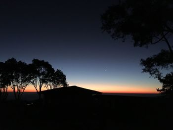 Silhouette trees on landscape against sky at sunset