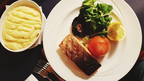 High angle view of breakfast served on table